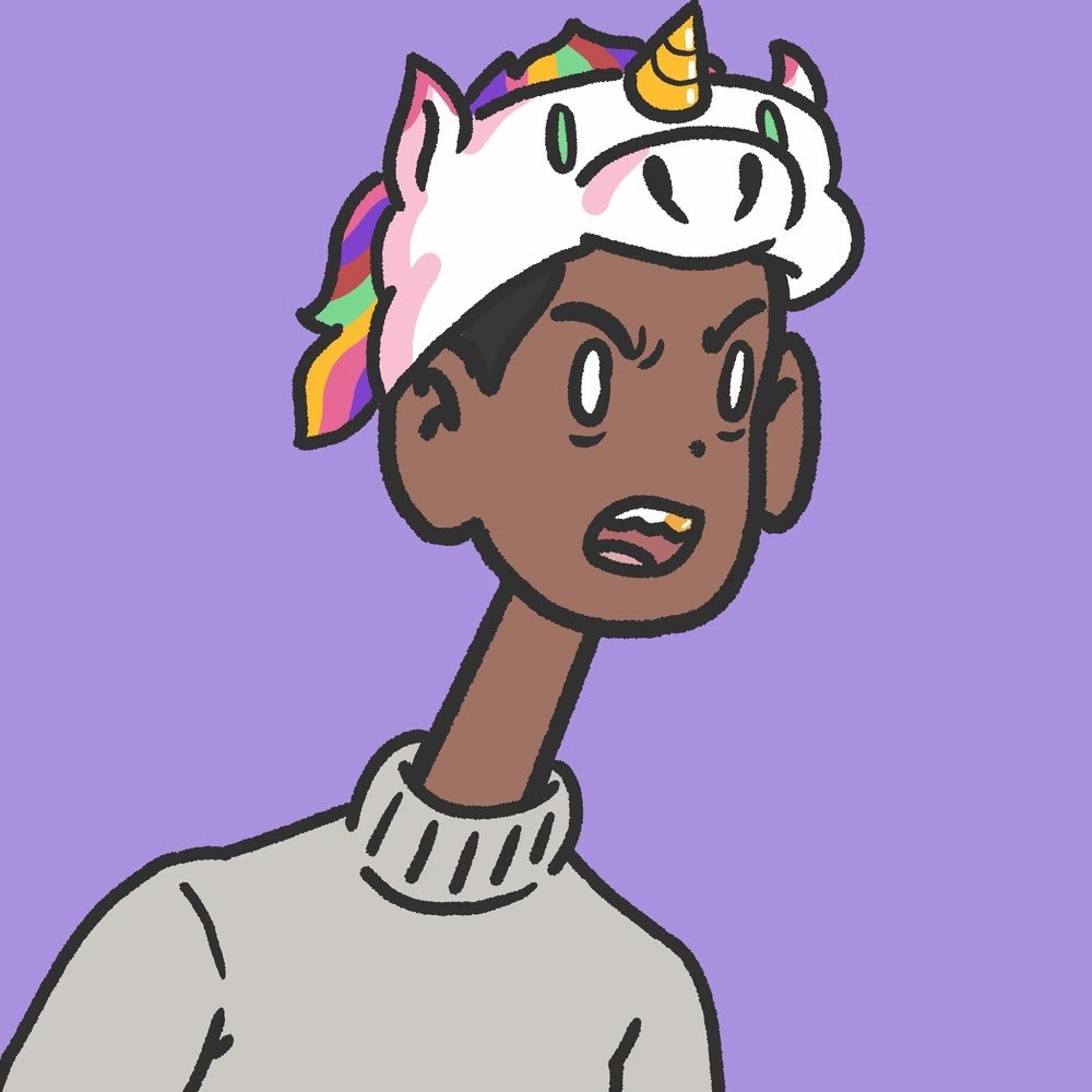 Illustrated portrait of kkmoat wearing a unicorn hat